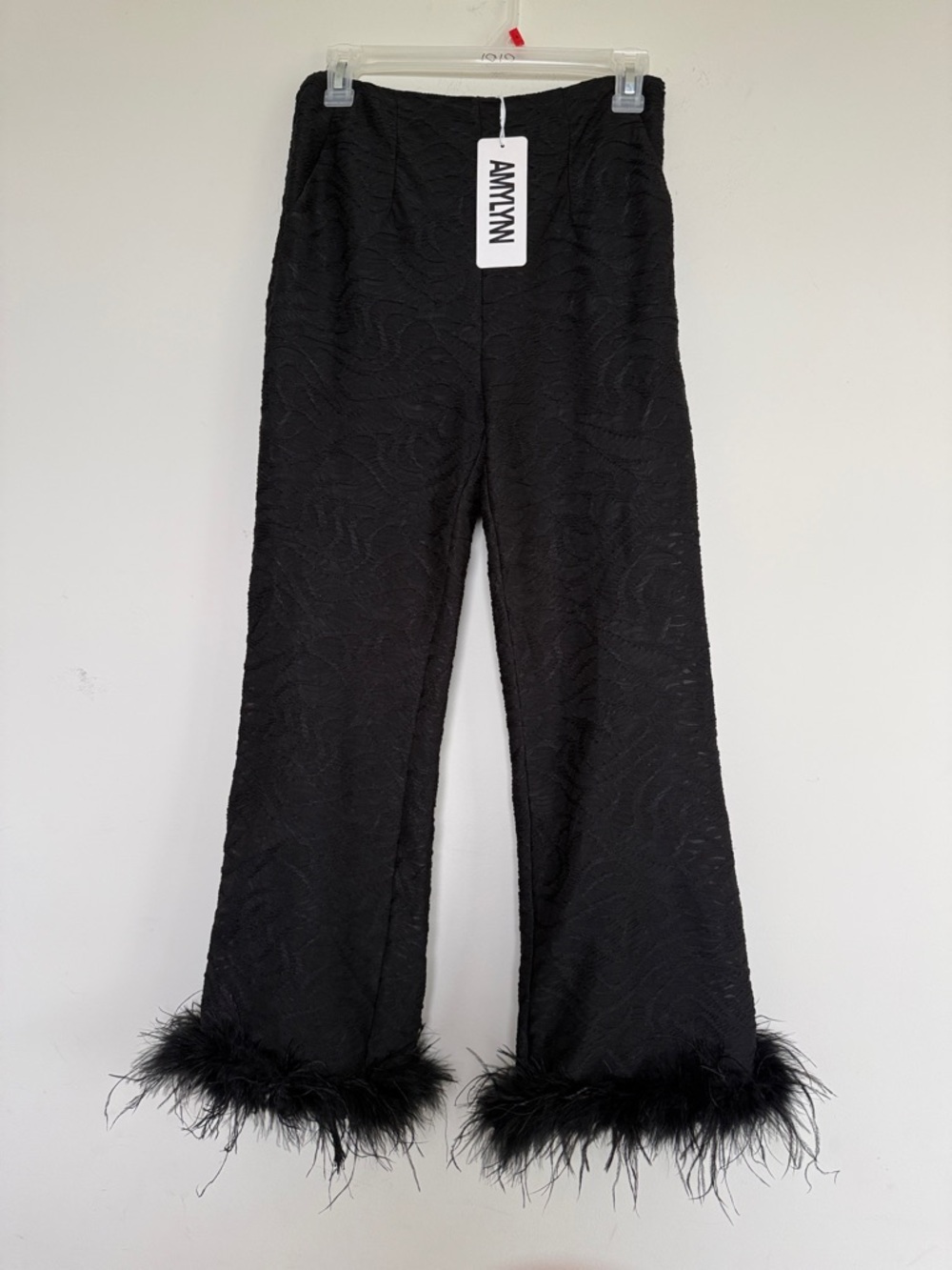 Amylynn Black Textured Pants with Feather Trim